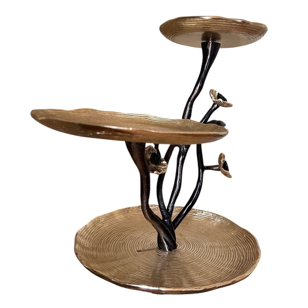 3 Tier Gold Tone Aluminum Botanical Branch Poppy Flower Display Stand 14" - Picture 9 of 11